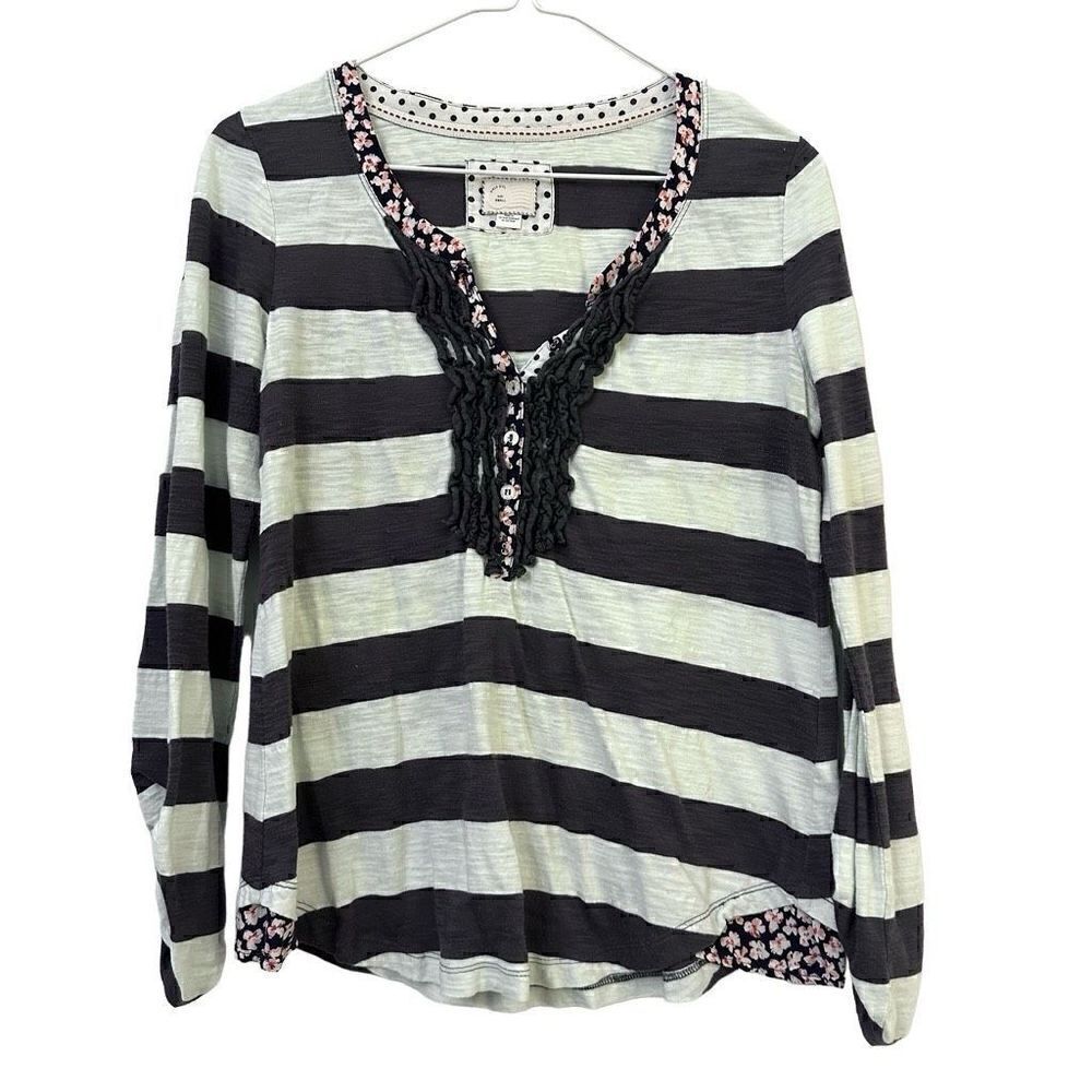 Anthropologie 9-H15 Stcl Ruffle Mixed Media Long Sleeve Top Gray White Small